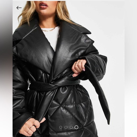 ASOS DESIGN collared puffer faux leather jacket in black - Picture 2 of 4